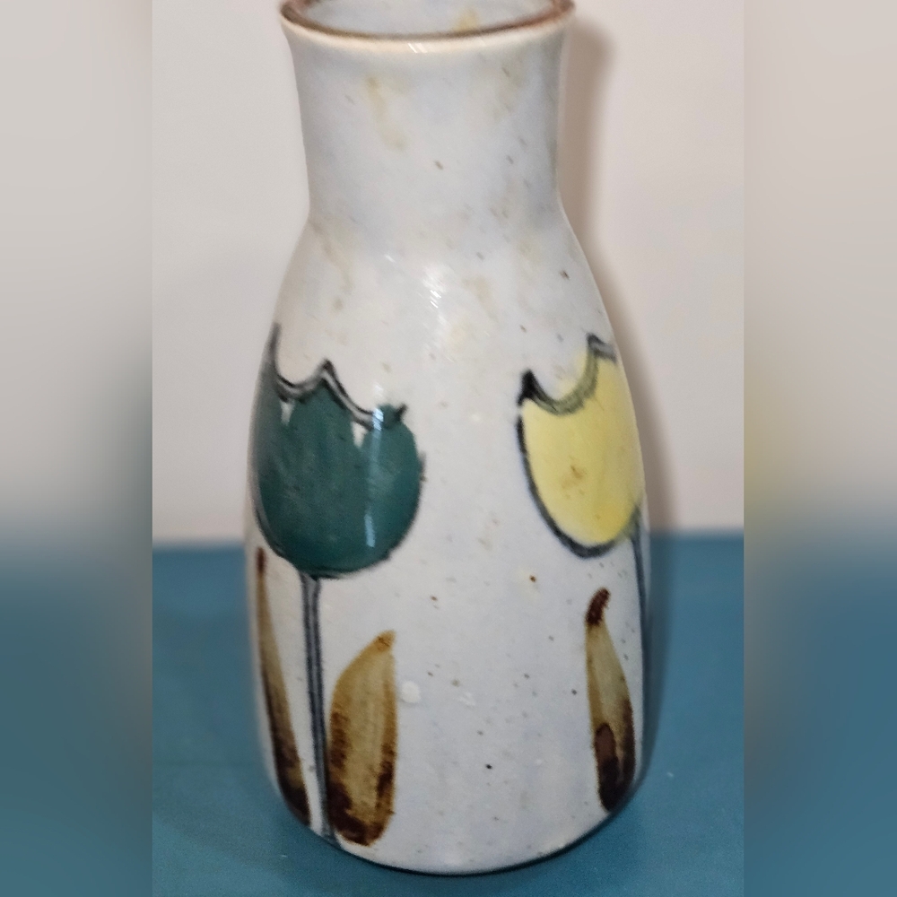 Vintage Levco Hand-Painted Ceramic Bud Vase with Tulip Motif - Green & Yellow